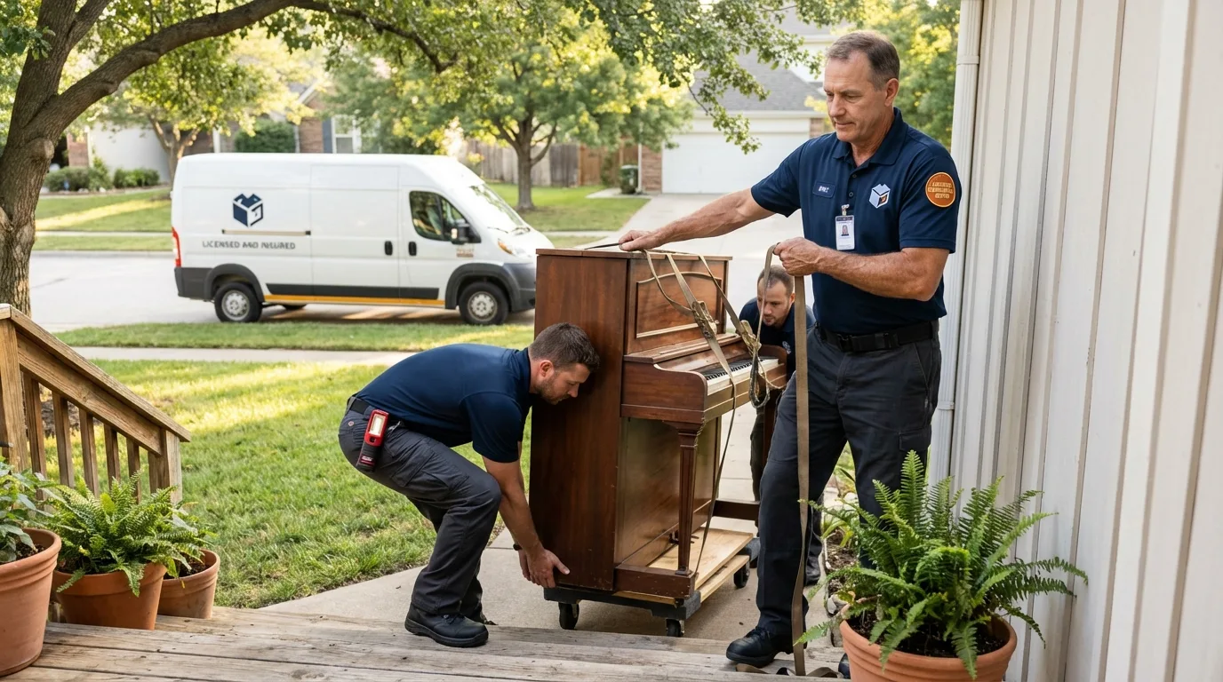 Licensed piano movers securing grand piano in Goldsboro, NC