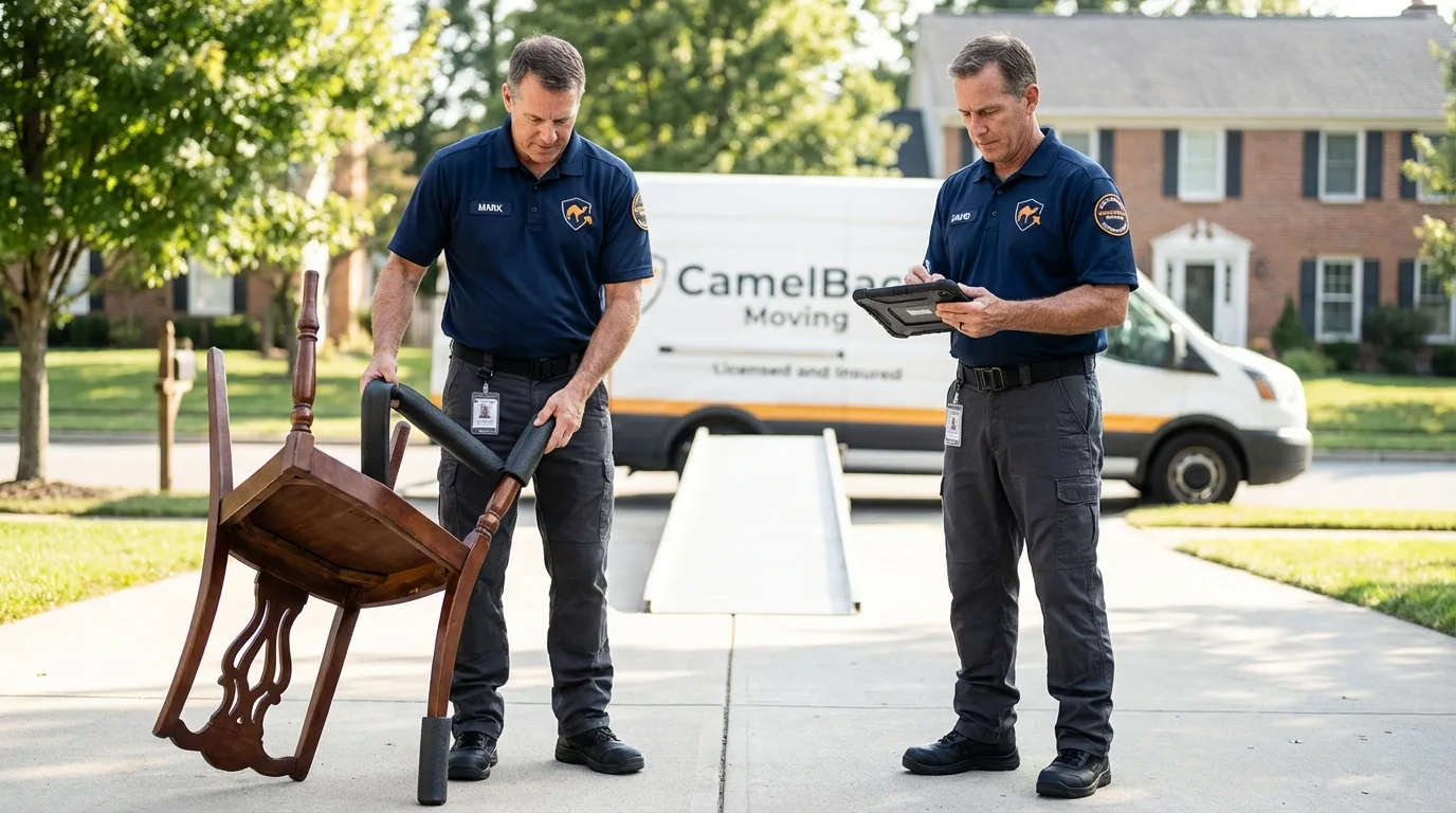 Movers inspecting furniture for damage prevention before loading in Goldsboro, NC
