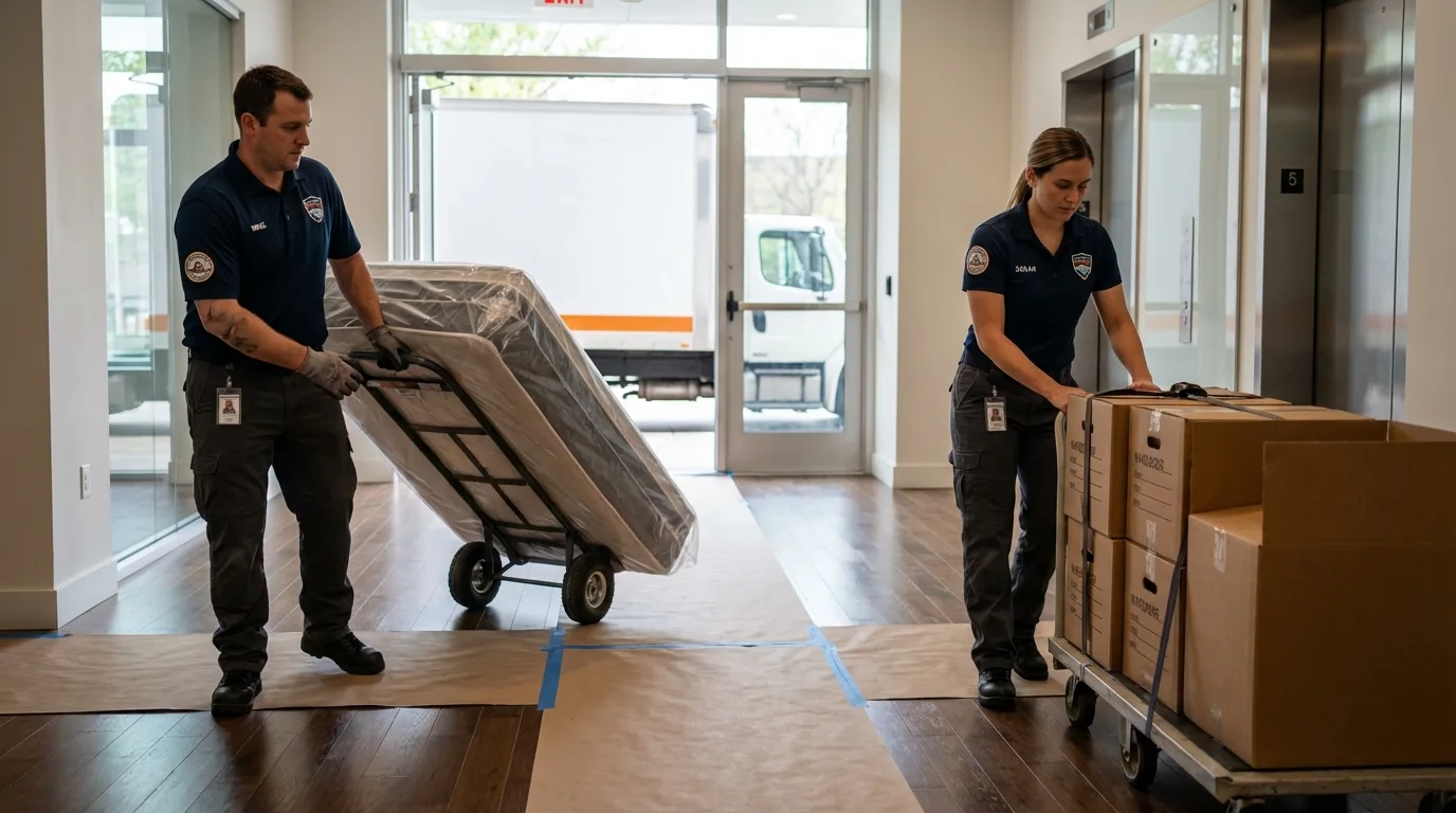 Professional apartment movers loading elevator in Goldsboro, NC
